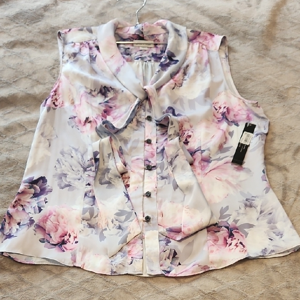 Tahari White Cream Tie Front Blouse with Mandarin Collar